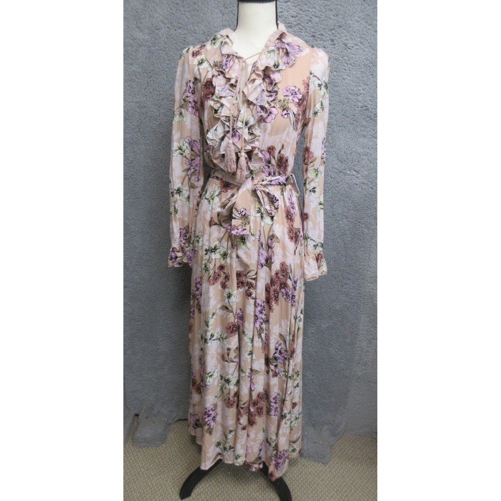 Janse Dress Boho Womens XS Beige Floral Ruffle Maxi Long Sleeve Tie Waist V Neck